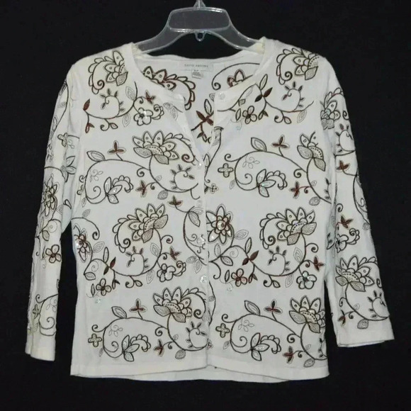 David Brooks White Brown Floral Flower Sequin - Picture 1 of 5